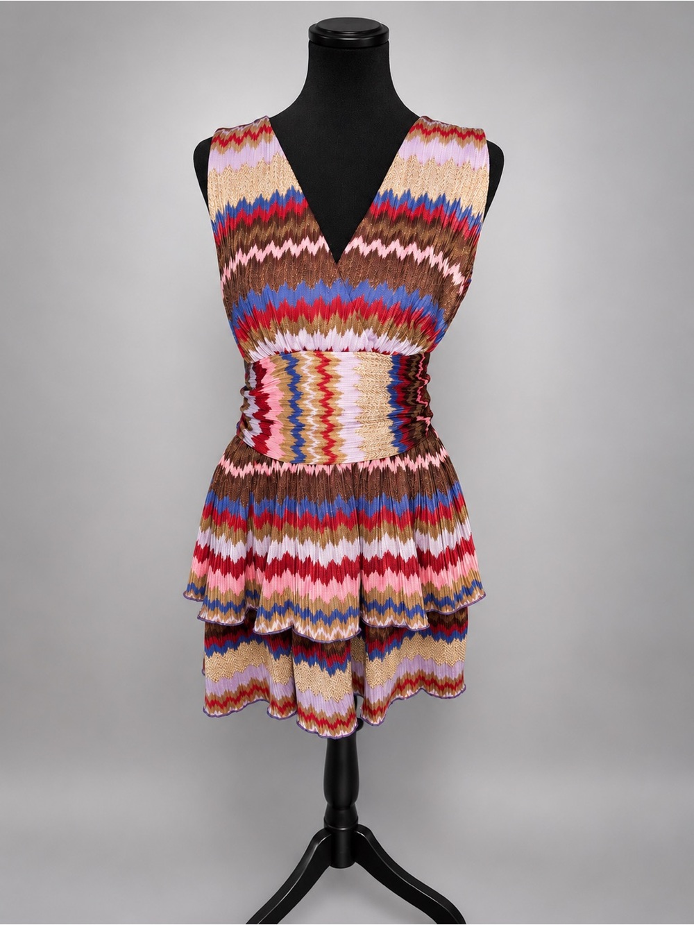 Ramy Brook Multicolor Zigzag V-Neck Tiered Mini Dress